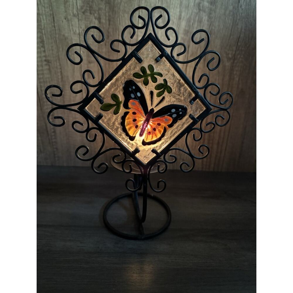 Stained Art Glass Butterfly w/Candle Tray Metal Scroll Design Table Decor